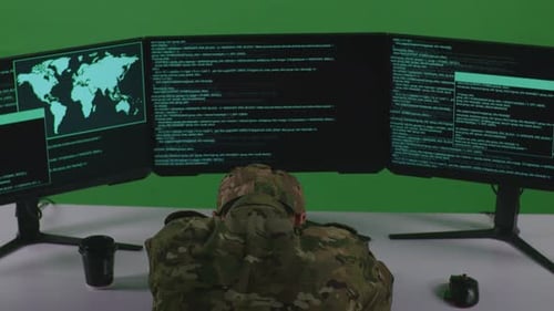 Man Soldier Yawning Before Sleeping While Write Code With Multiple Computer Screens In Green Sreen