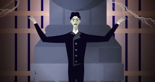 Flat Design Animated Scientist with Electricity and Tesla Coil