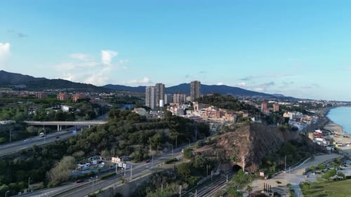 Aerial view of buildings and highway, Spain.
