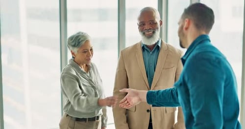 Handshake, welcome and thank you with business people in office after interview with manager