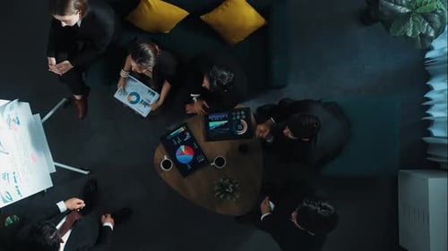 Top down view of smart business team listen investor present idea. Directorate.