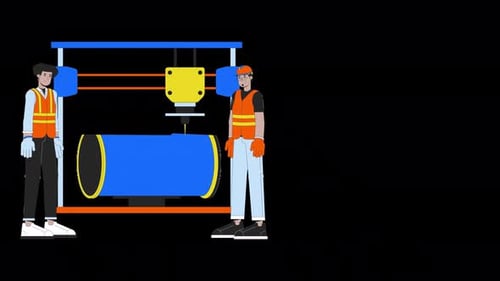 Industrial Manufacturing Process Animation with Workers and Machinery