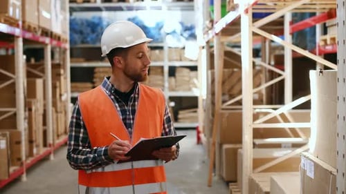 Walking and checking the products. Writing information into notepad. Storage worker in uniform