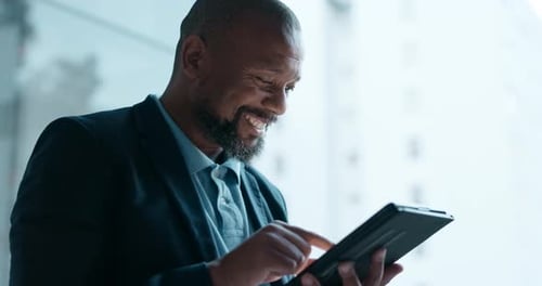 Business man, tablet and happy with stock market results, investment planning and reading