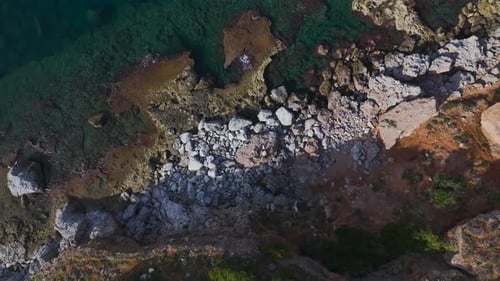 Aerial Video of a Scenic Ocean Landscape Framed By Lush Greenery and a Rocky Shore With Clear Blue
