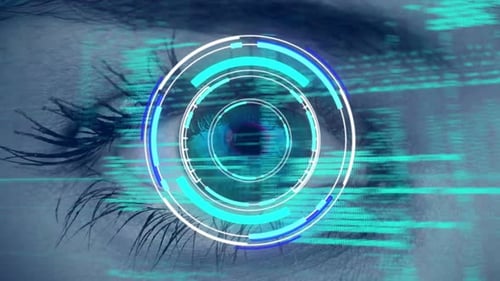 Data processing and neon round scanner scanning over close up of female eye