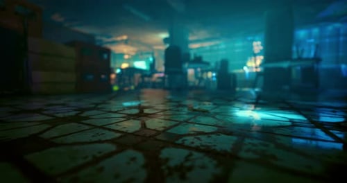 Abandoned Warehouse with Glowing Lights and Wet Floor at Night