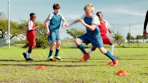 Soccer, sports and kids on field for training, exercise and fitness for practice