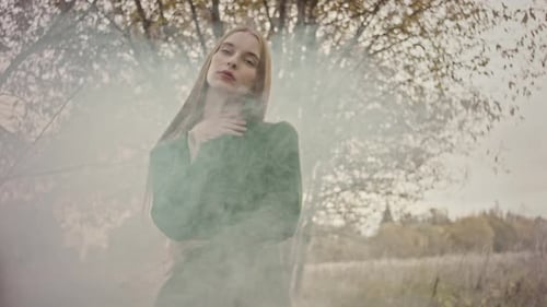 Model posing in green dress with fog in forest