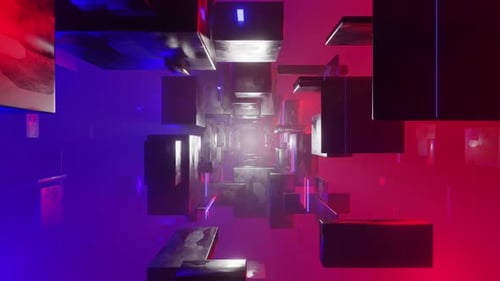 Sci-fi tunnel in a foggy space with rotating geometry shrinks and expands 3d render. Industrial