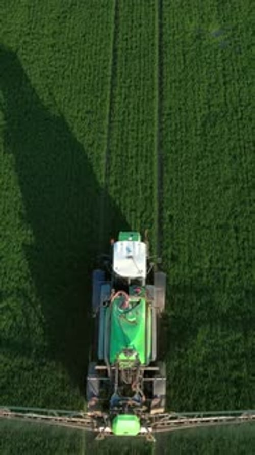 Farming tractor crop sprayer on green field