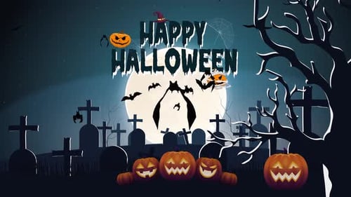 Animated Happy Halloween Greeting with Spooky Graveyard and Pumpkins