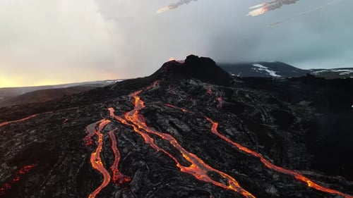 Asteroids Meteors falling from sky over iceland volcano, Aerial view