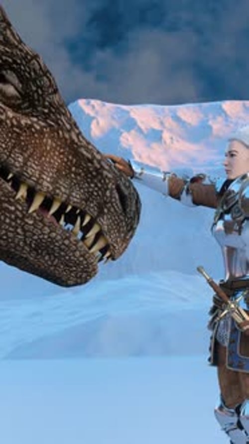 White haired female warrior knight petting the dragon against the backdrop of snow capped mountains.