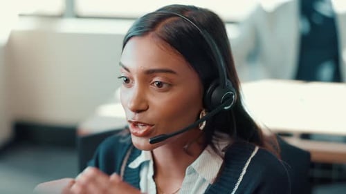 Support, talk and woman in call center for help, problem solving or crm for IT