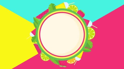 Animated Summer Flat Design Frame with Tropical Fruits and Drinks