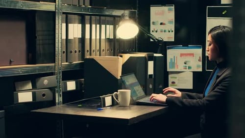 Woman Working on Computer in Office Filing Room