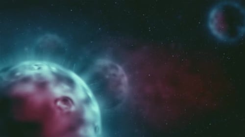 Futuristic Cosmic Landscape with Glowing Planets and Nebula Background