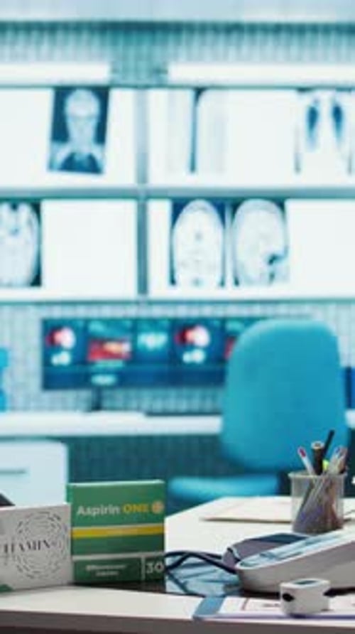 Vertical Video Professional Medical Office with Diagnostic Tools and a Computer Screen