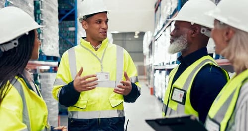 Warehouse team, manager and planning for logistics, inventory management and teamwork or support