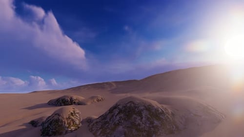 An arid desert environment with a sunset and lens flare, clouds passing by, blue sky and sand blew a