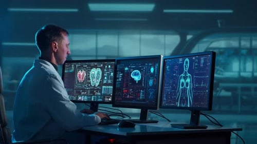 Doctor Working at Futuristic Office Multiple Monitors Displaying Medical Images Data and Body Scans