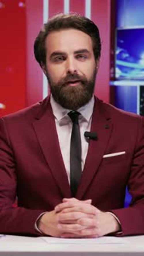 Man in Suit Speaks in a Studio Setting