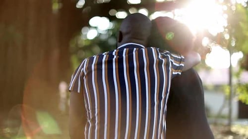 Boyfriend putting arm around girlfriend outside at park, African couple kissing each other