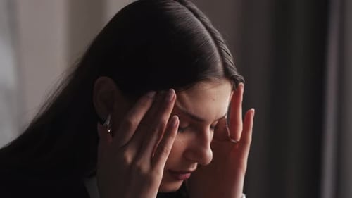 Close Up Exhausted Frustrated Young Woman Massaging Head Stressed Unhealthy Millennial Girl Feeling