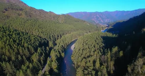Low Altitude Flight Over Fresh Fast Mountain River with Rocks at Sunny Summer Morning