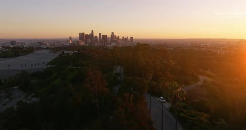 Los Angeles downtown view on cinematic sunset.