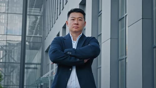 Portrait Confident Strong Pose Motivated Successful 40s Asian Man Trader Entrepreneur Businessman