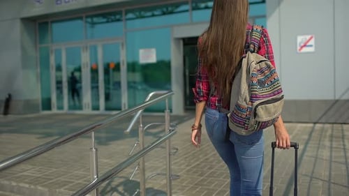 Traveler Tourist Woman Airport Backpack Luggage Airport Carrying Baggage Suitcase Travel Tourism