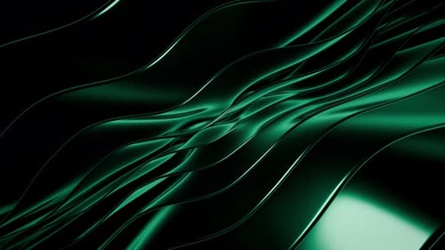 Abstract glossy green waves flowing across a dark background with smooth metallic surfaces