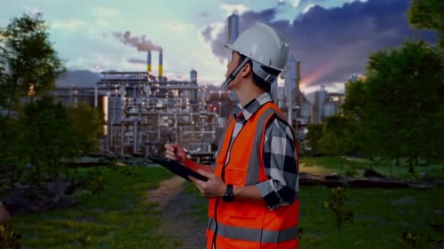 Side View Of Asian Male Engineer Taking Note On The Tablet In Front Of Oil Refinery