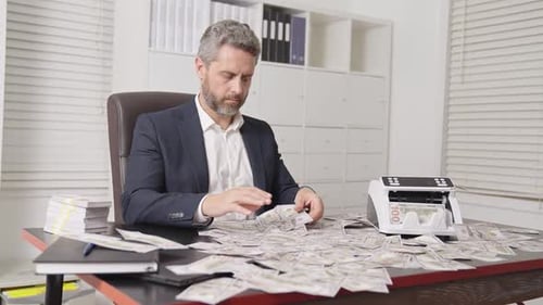 Man Throws Money in Slow Motion in a Modern Office Business Man Throwing Dollars with Flying Cash