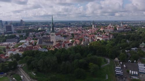 Aerial View of City Historic City Center with Popular Tourist Sights and Modern Office Buildings in