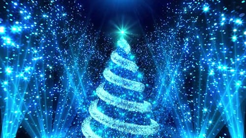 Sparkling Blue Christmas Tree with Falling Glitter Background