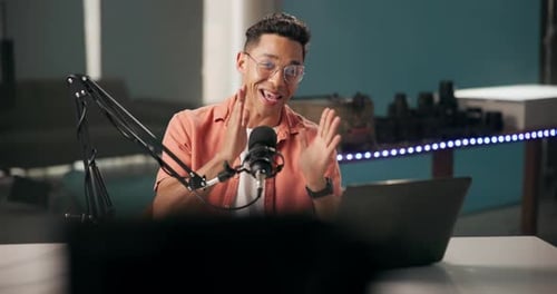 Man, podcast and live broadcast in studio with explaining or talking to online viewer