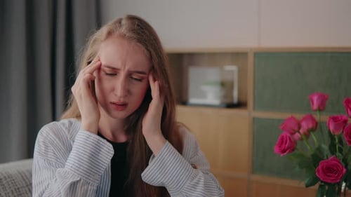 Woman with Headache Massaging Temples in Home Setting