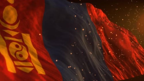 Mongolian Flag Waving with Gold Particles Background