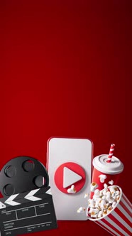 Vertical Cinema Concept Background With Popcorn Soda And Film Reel Copy Space For Text