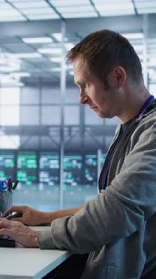 Portrait of Smiling Engineer Inspecting Server Rows in Data Center