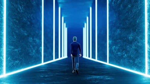 Businessman walking in futuristic neon corridor