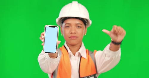 Green screen phone, thumbs down and woman face with construction fail, no opinion vote
