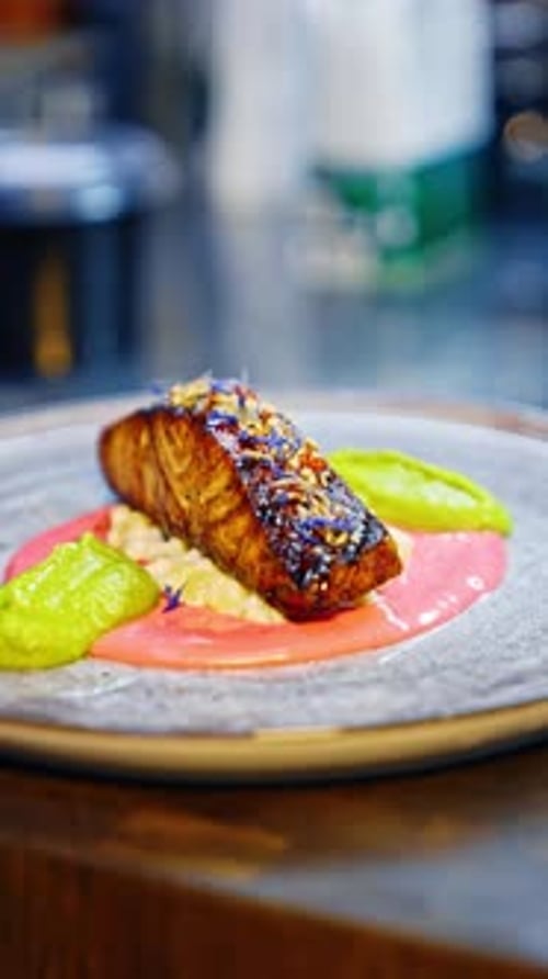 Glazed Fish Dish in Restaurant Close-Up