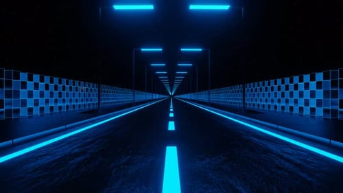 Boucle VJ de fond d'autoroute futuriste rapide au néon bleu en 4K