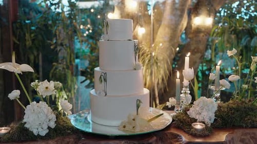 Elegant Wedding Cake With Floral Decorations and Candles
