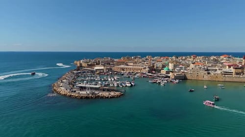 Aerial video over the old city of Acre in northern Israel