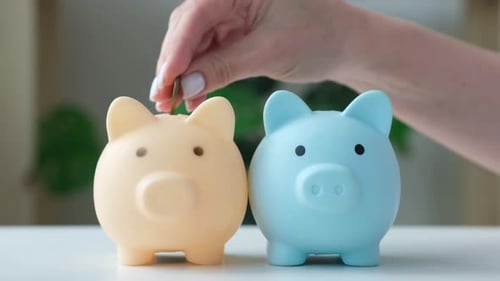 Hand Throws Coins Into Two Piggy Banks in Turn Investments Diversity Concept